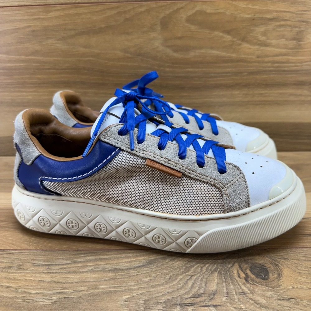Tory Burch Lady Bug Sneakers Womens 7.5 M Cream Royal Blue Chunky Platform Low